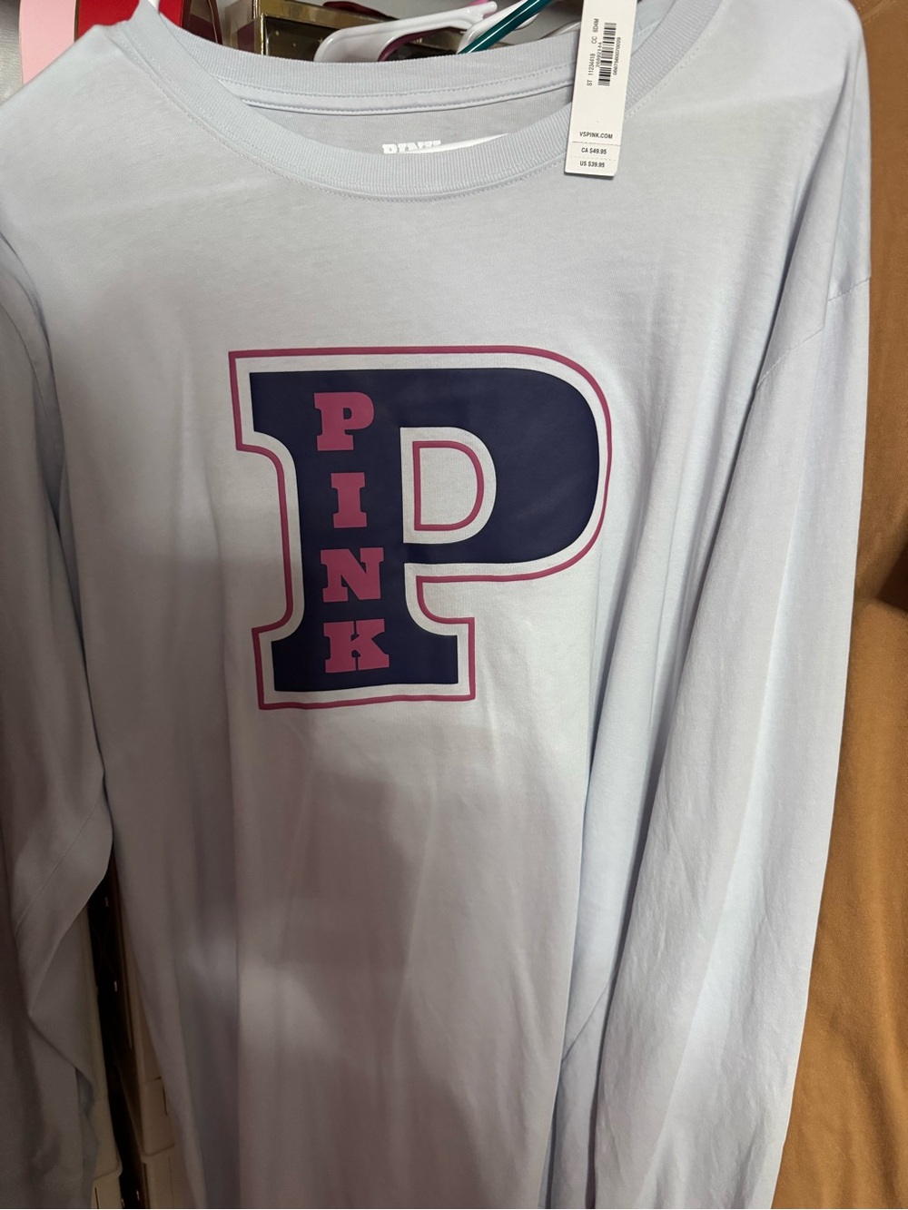 PINK Victoria's Secret Light Blue Long Sleeve Tee with Navy & Pink P Graphic